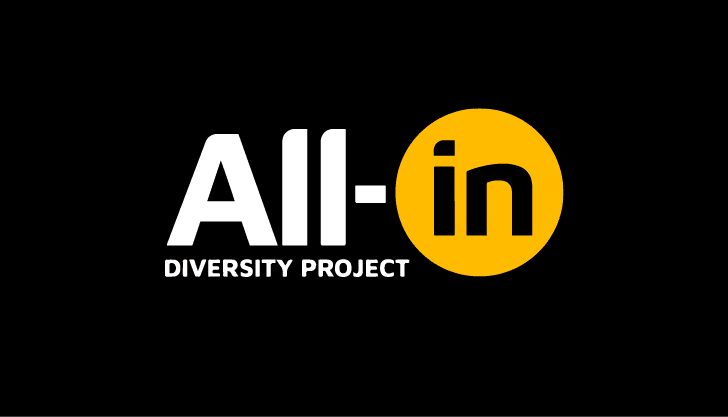 Logo for the All-in Diversity Project, with white "All-" text and a yellow circle containing "in" on a black background.