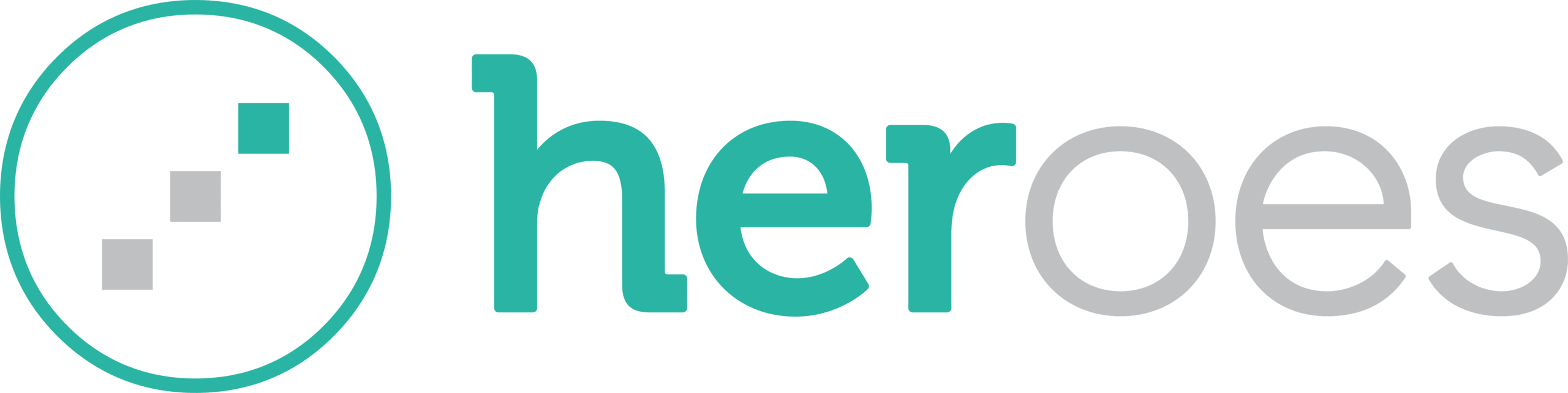 Logo with a circular icon on the left and the word heroes in teal on a teal background.