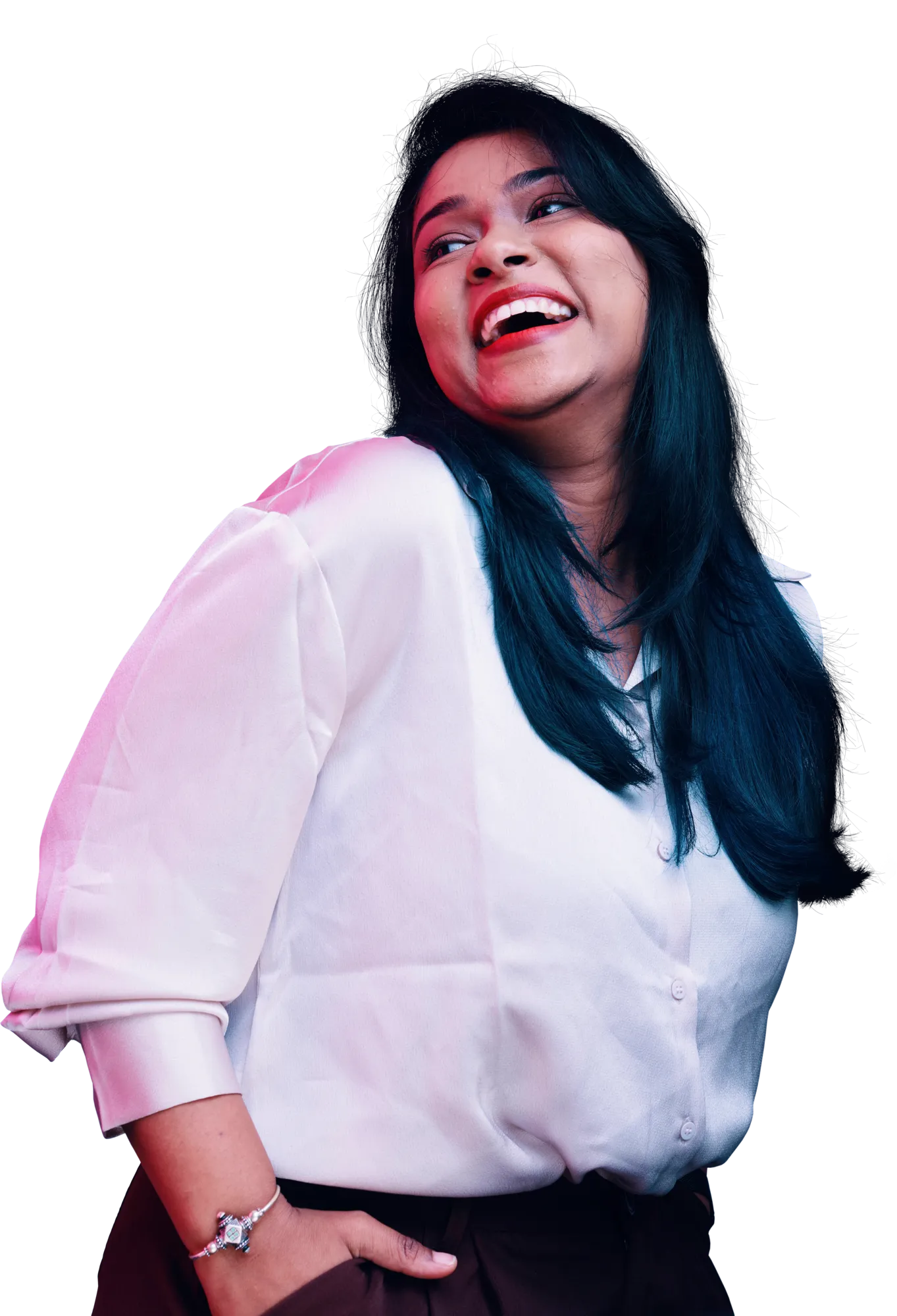 A smiling woman with long dark hair wearing a white blouse.